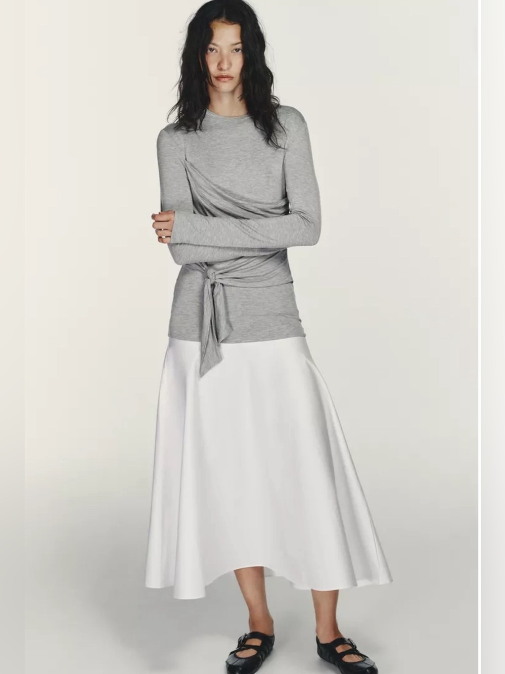 ZARA Combination Tie Detail Midi Dress Grey White,Cotton Size Small